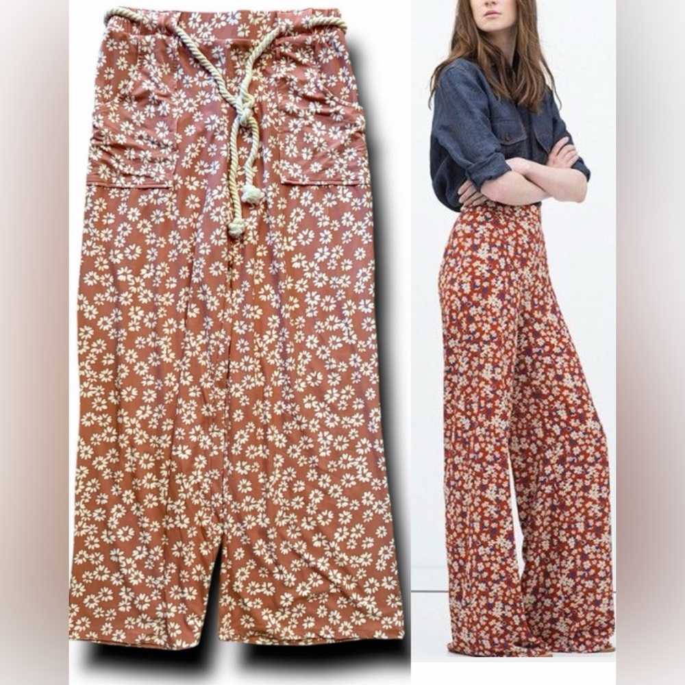 Floral Rope Tie Wide Leg Pants